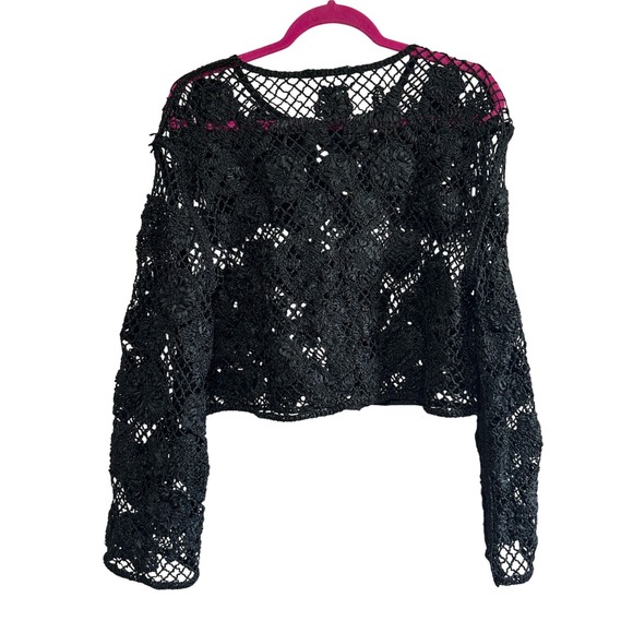 Zara Black Crochet Floral Open Knit Long Sleeve Crop Top‎ Festival Burning Man - Picture 3 of 3